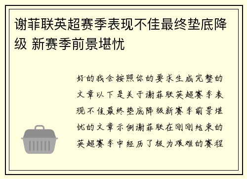 谢菲联英超赛季表现不佳最终垫底降级 新赛季前景堪忧