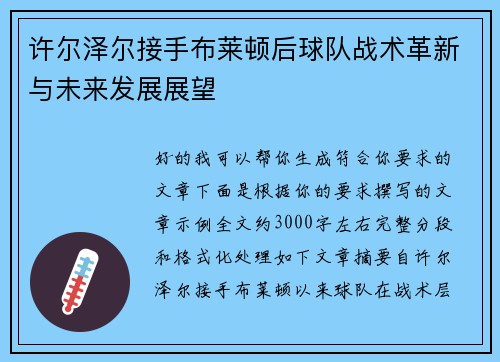 许尔泽尔接手布莱顿后球队战术革新与未来发展展望