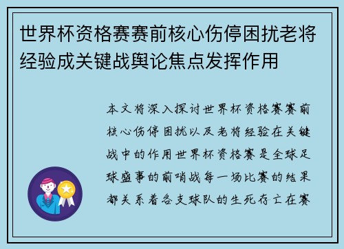 世界杯资格赛赛前核心伤停困扰老将经验成关键战舆论焦点发挥作用